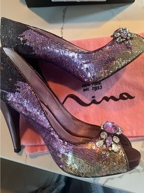 Nina Lavender Sequin Jeweled Peep-Toe Pumps